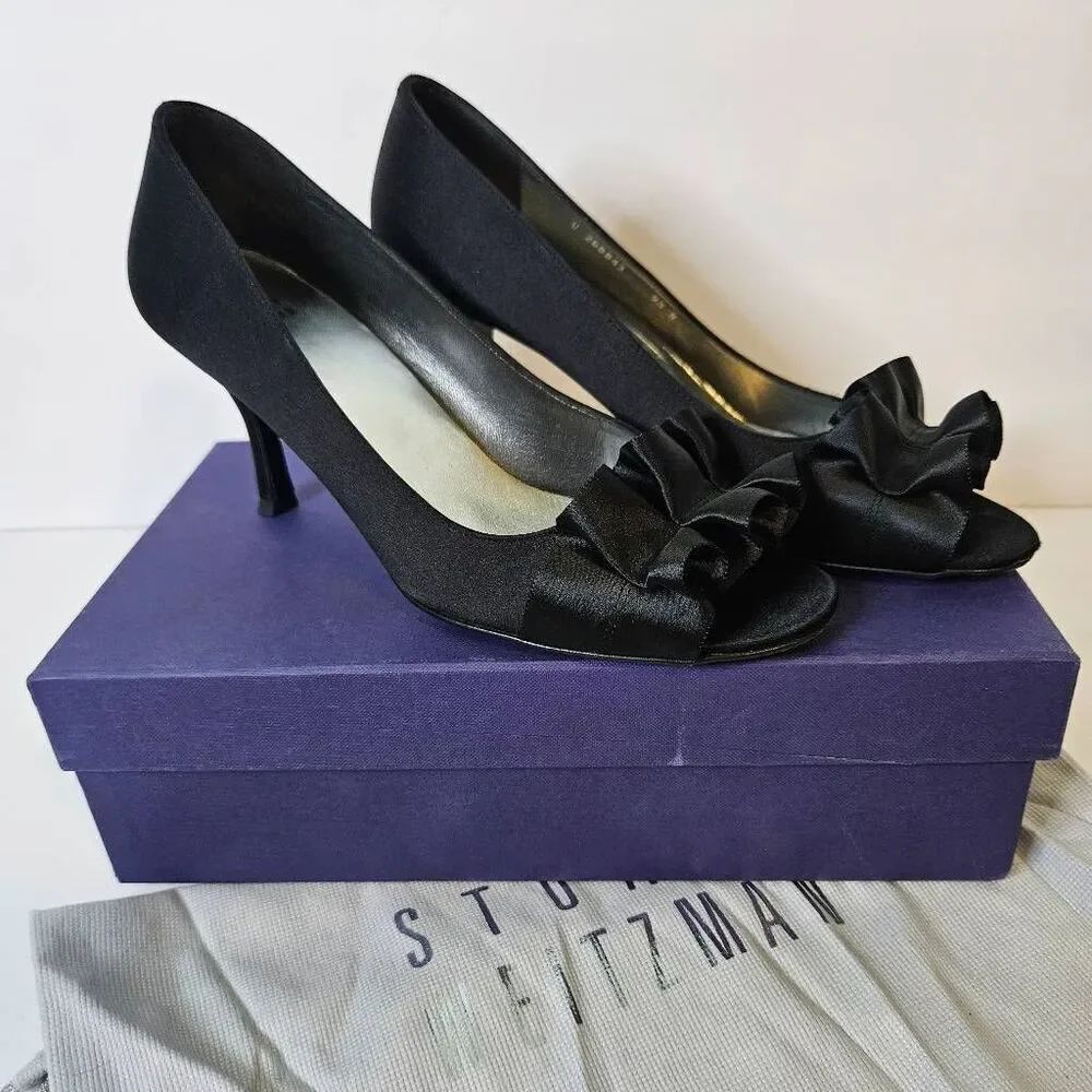 Stuart Weitzman Gigintz black satin pumps with ruffle. 9.5